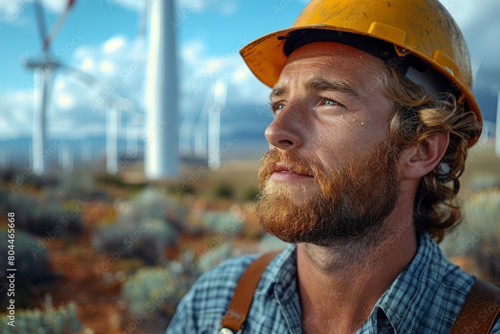 Man in hard hat among wind mills Man in hard hat among wind mills