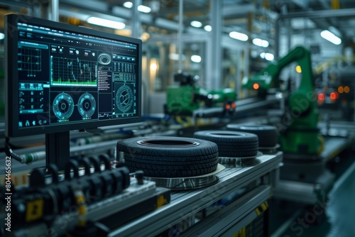 A high-tech monitor displays detailed analytics in a tire production line with robotic machinery.