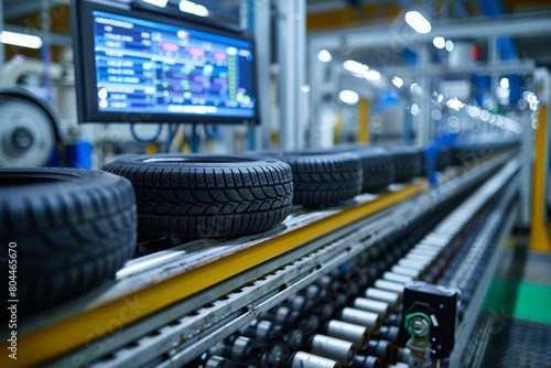 A high-tech monitor displays detailed analytics in a tire production line with robotic machinery.