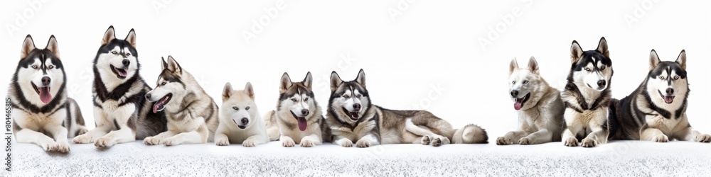 Group portrait of Husky dogs over plain background