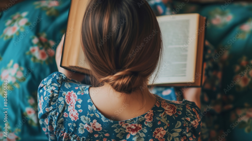 A girl immersed in reading a book creates an atmosphere of calm and intellectual engagement A girl immersed in reading a book creates an atmosphere of calm and intellectual engagement