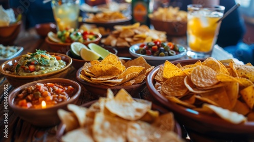 A table filled with various kinds of chips dips and drinks ready to be devoured by a gathering of men. © Justlight