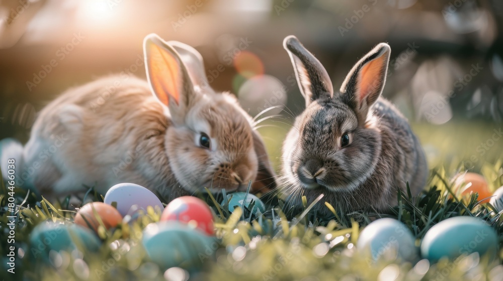Fototapeta premium Cute rabbit with colorful easter eggs on outdoor lawn.