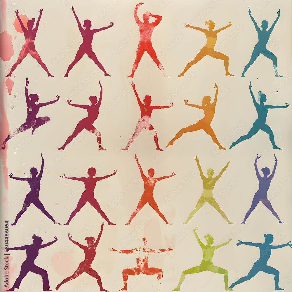 Dynamic Display of Silhouette Figures in Diverse Tranquil Yoga Poses on Pastel Backdrop