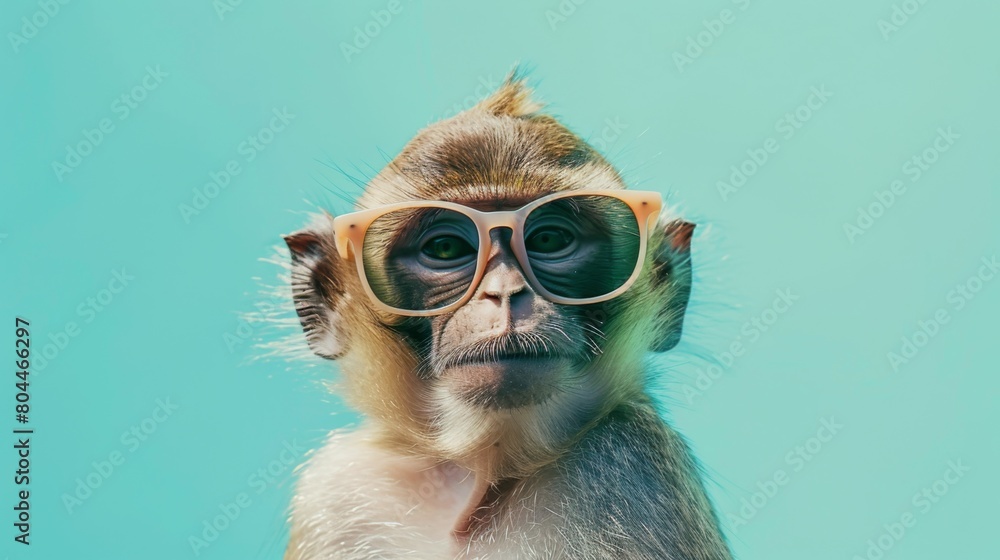 Fototapeta premium A fancy monkey wearing glasses on blue background. Animal wearing sunglasses