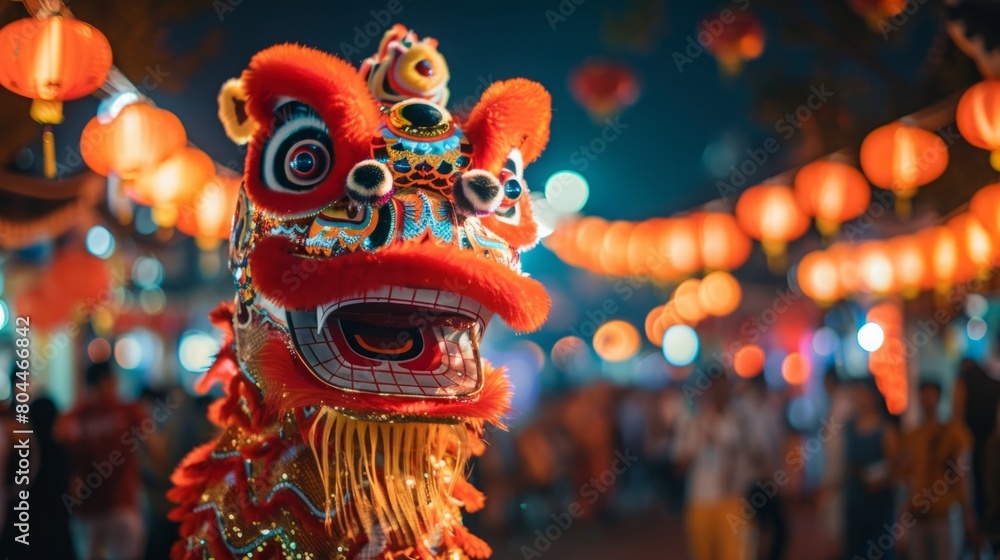 A red dragon head with colorful lights in the background, creating a mystical and captivating scene.