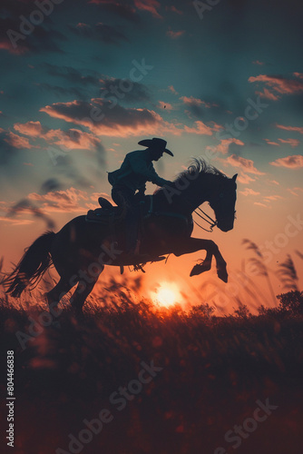 A cowboy and horse silhouette in a daring jump  framed by the soft light of sunrise