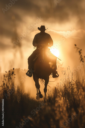 A cowboy and horse silhouette in a daring jump, framed by the soft light of sunrise photo