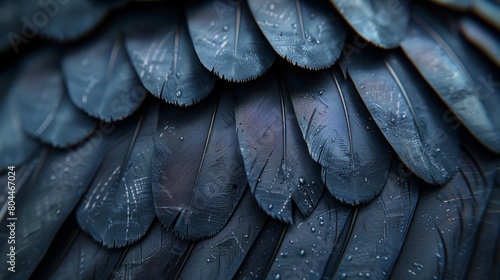 An image of black feathers against a white background. Top view photo