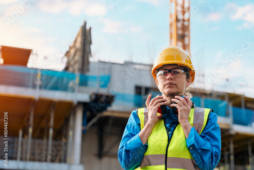 Schilderij op canvas serious female site engineer surveyor working with noise suppressor  ear defende