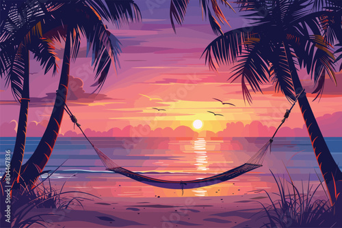 Sunset from a hammock on the beach, Resting silhouette in the palms with a hammock, summer, sun, sea, ocean, Vector illustration