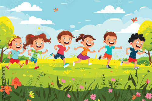 Kids jumping happily in the sun on green grass, Children playing in the meadow, Happy children of boys and girls run in the Park on the grass on a Sunny summer day, Vector illustration