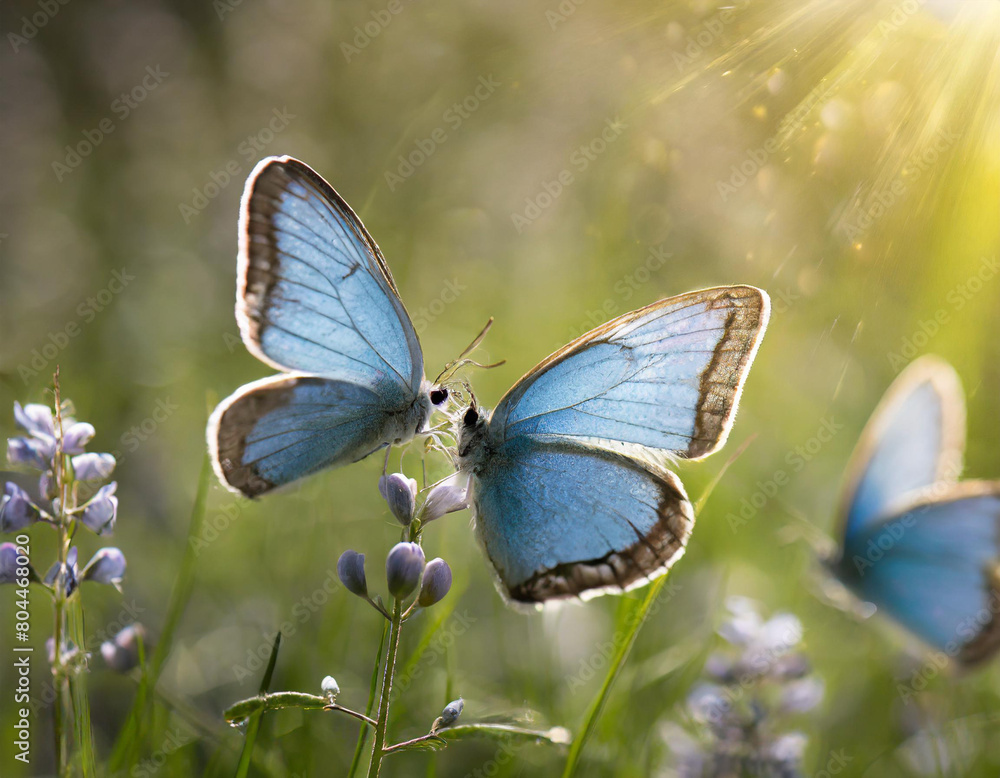Blue butterflies on green spring meadow with amazing natural lighting Blue butterflies on green spring meadow with amazing natural lighting