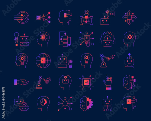 ai icons outline grSet of icons of smart robotics, AI technologies. Pictograms of digital technologies of artificial intelligence, machine learning, neural networks. Isolated gradient vector illadient