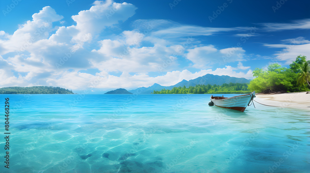 A boat in the ocean with a blue sky and clouds in the background.tropical beach with palm trees and boat 3d render