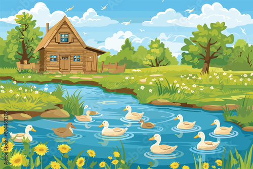 Scene with water in the many ducks in the river, Nature landscape scene vector, Nature park with swamp scene, Vector illustration