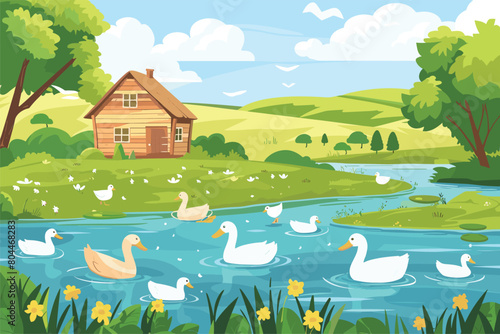 Scene with water in the many ducks in the river, Nature landscape scene vector, Nature park with swamp scene, Vector illustration