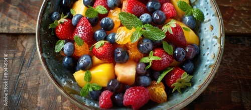 A wooden table holding a bowl filled with an assortment of fresh fruit.