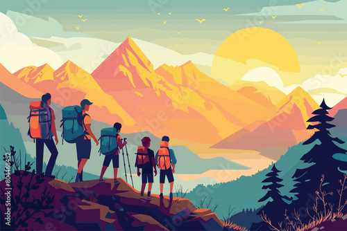 Travel concept of discovering, exploring, and observing nature, , Family hiking in the mountains, Happy family travel in mountains at sunset, Vector illustration