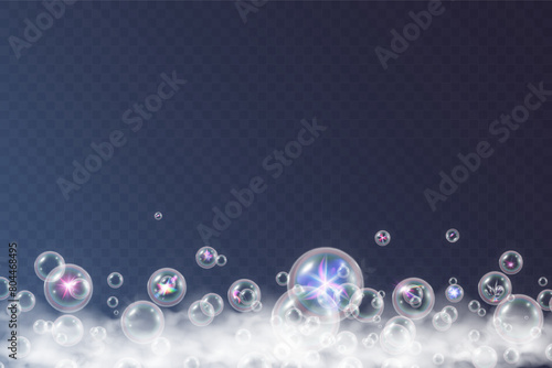 Air bubbles on a transparent background. Soap foam vector illustration.	
