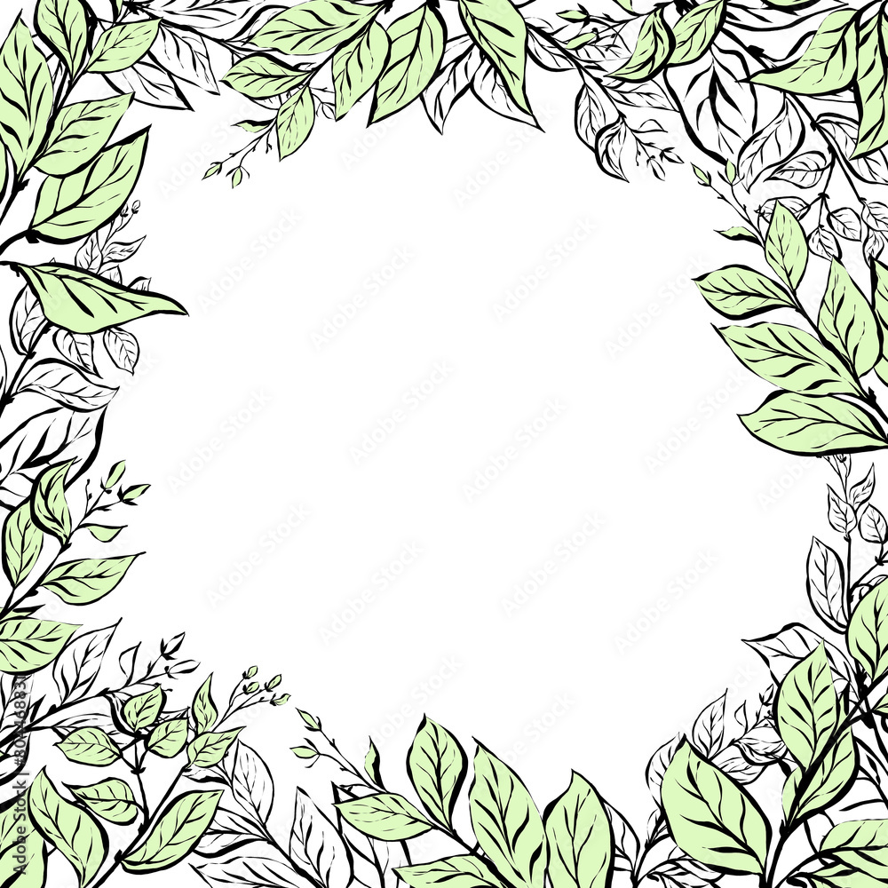Square Card with tree Shoots all around. Design of leaves in green and black graphic style. Hand drawn eco Theme Square Card with tree Shoots all around. Design of leaves in green and black graphic style. Hand drawn eco Theme