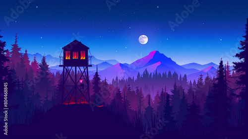 Firewatch tower in the middle of a forest. Simple illustration with flat design, mountains and a moon in the background.  © Aisyaqilumar