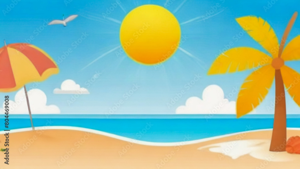 Abstract view of the sandy beach with a palm tree. Tropical resort. Sunrise on the seashore. Vector Illustration.
