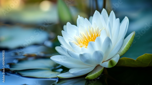 Beautiful White Lotus Flower with green leaf in in pond  extreme detail with full focus due to stacking of shots  1 