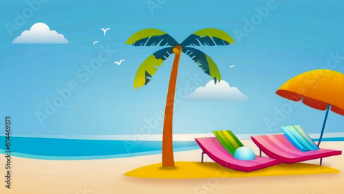 Abstract view of the sandy beach with a palm tree. Tropical resort. Sunrise on the seashore. Vector Illustration. 