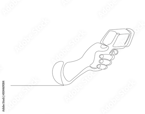 Continuous line drawing of  hand hold infrared digital thermometer. One line of infrared digital thermometer. Medical equipment concept, International health day continuous line art. Editable outline.