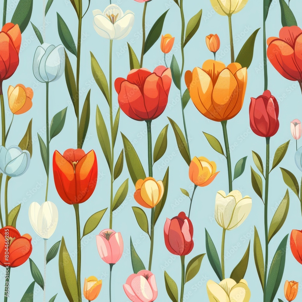 Obraz premium Seamless Tulip Field Design on Pastel Blue Background