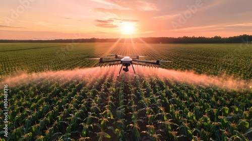 Aerial View of Drone Applying Precision Agriculture on Corn Field at Dusk Generative ai photo