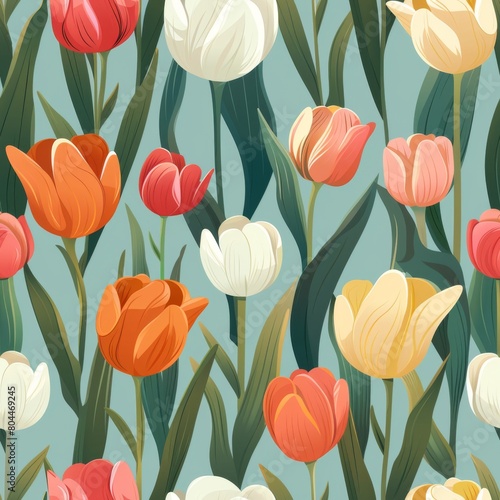 Seamless Tulip Field Design on Pastel Blue Background  
