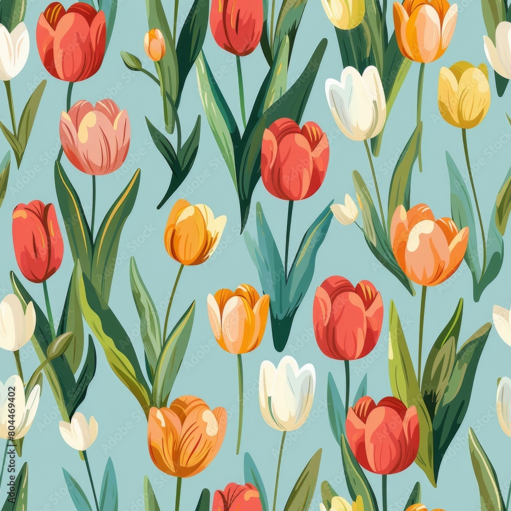 Obraz premium Seamless Tulip Field Design on Pastel Blue Background