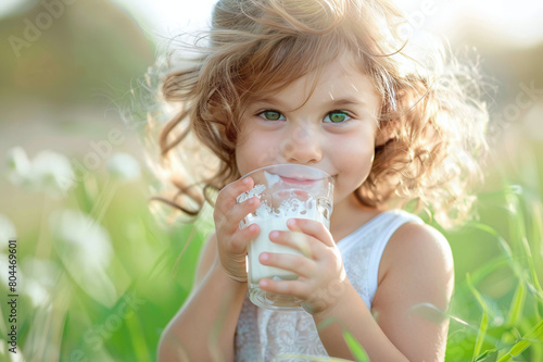 A little girl with a smile on her face holds a glass of milk in her hands. Her look is full of curiosity and joy