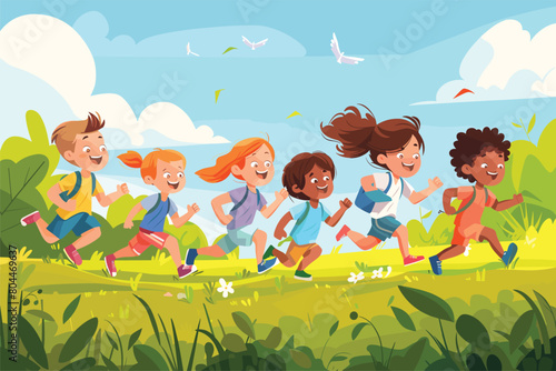 Kids jumping happily in the sun on green grass, Children playing in the meadow, Happy children of boys and girls run in the Park on the grass on a Sunny summer day, Vector illustration