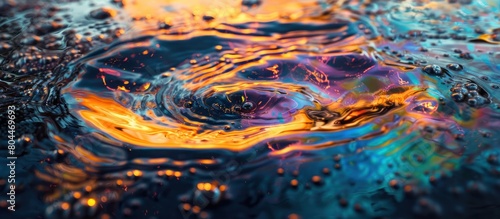 Detailed view showing vibrant, iridescent liquid with colorful shapes and reflections.