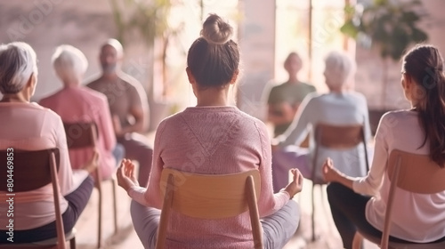 A group of people are sitting in chairs and practicing yoga