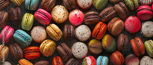 Colorful macarons arranged in an aerial view pattern, showcasing the variety of colors and shapes. photo