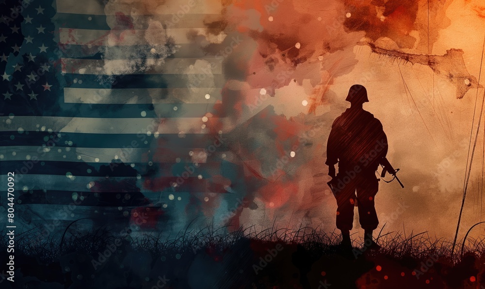 Soldier silhouette with a rifle against American flag illustration background on commemoration memorial day
