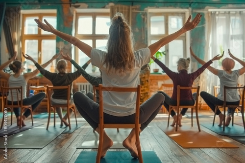 A group of people are doing yoga in a room with chairs and a potted plant