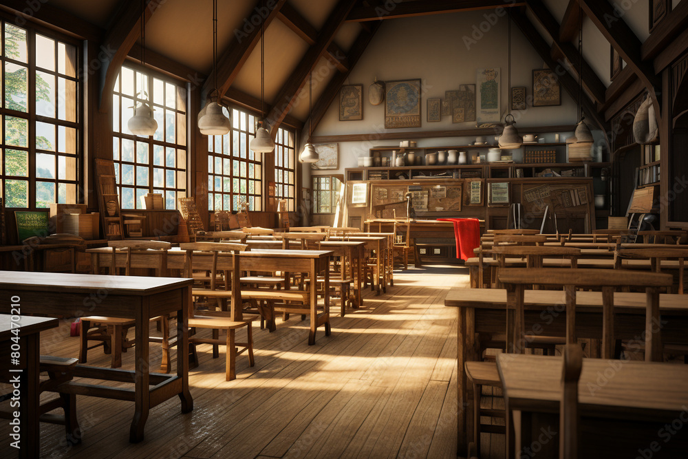 interior of a traditional style school with chairs and wooden desks