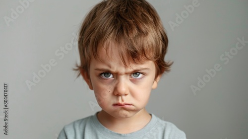 Angry child face over plain background
