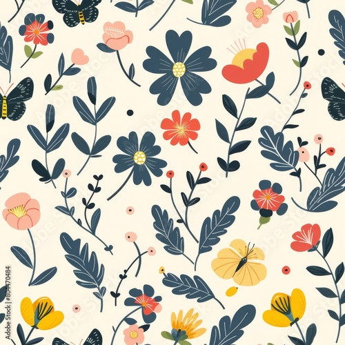 Simple Seamless Mother's Day Pattern with Spring Flowers and Butterflies