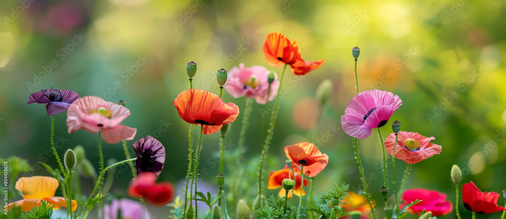 Fototapeta premium Colorful poppies and other flowers in a blurred background