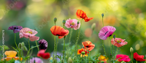 Colorful poppies and other flowers in a blurred background,