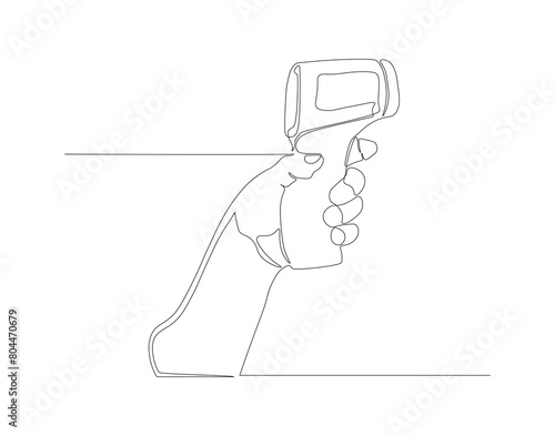 Continuous line drawing of hand hold infrared digital thermometer. One line of infrared digital thermometer. Medical equipment, International health day concept line art. Editable outline.