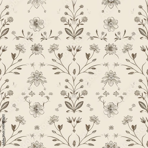 Simple Seamless Minimalist Lineart Wedding Pattern with Floral Bouquets and Vines

