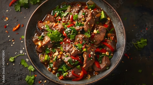  a spicy beef stir-fry, vibrant and detailed, beautifully centered with a high editorial quality.