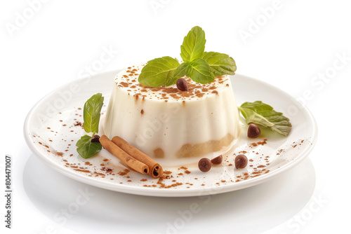 Panna cotta with chocolate, mint and cinnamon on a white background